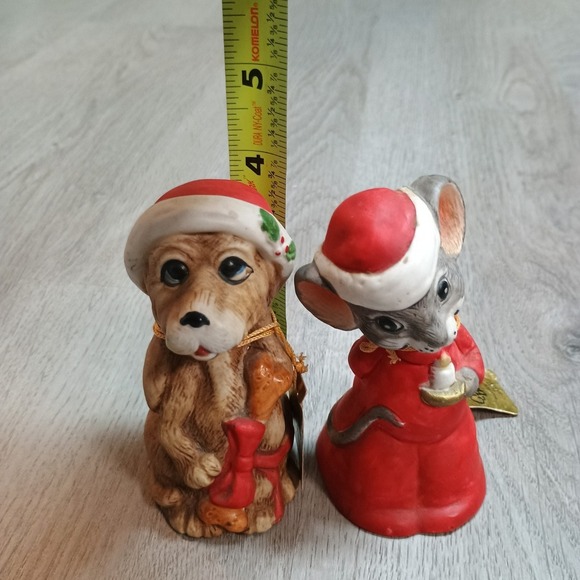 Vintage Christmas Critter Bells Porcelain Dog Mouse Set Of 2 Bisque 4 Inch - Picture 7 of 7